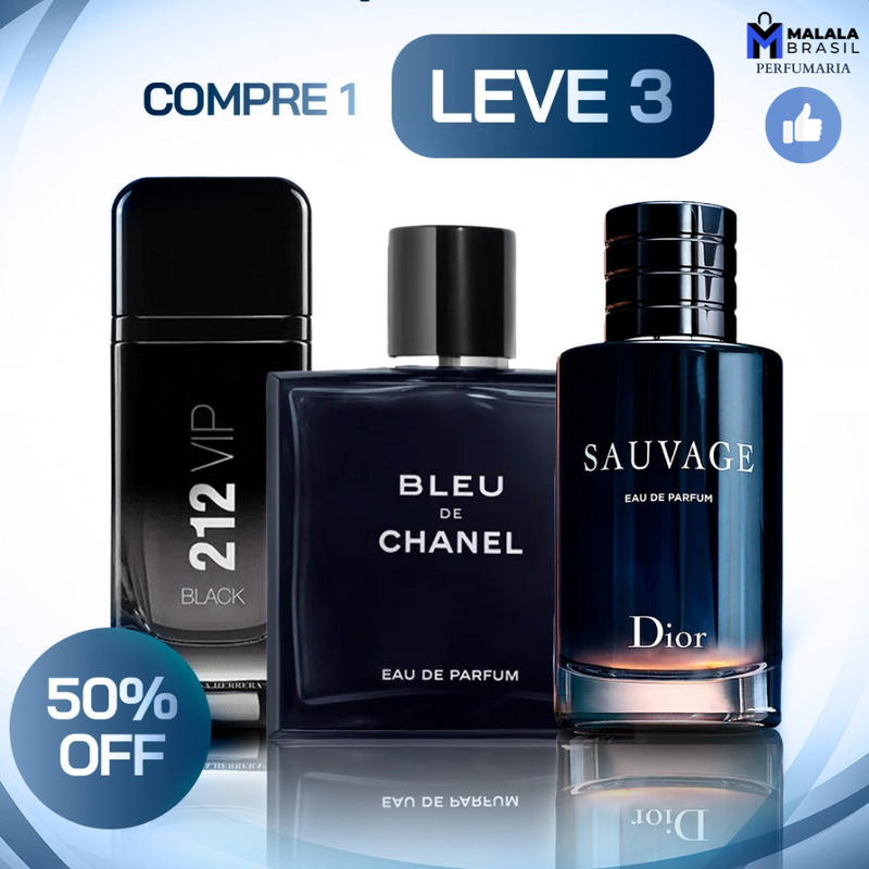 Kit 3 Perfumes Masculinos Importados (100ml cada) - Sauvage Dior | Bleu de Chanel| 212 VIP Black [OFERTA VÁLIDA ATÉ DOMINGO]